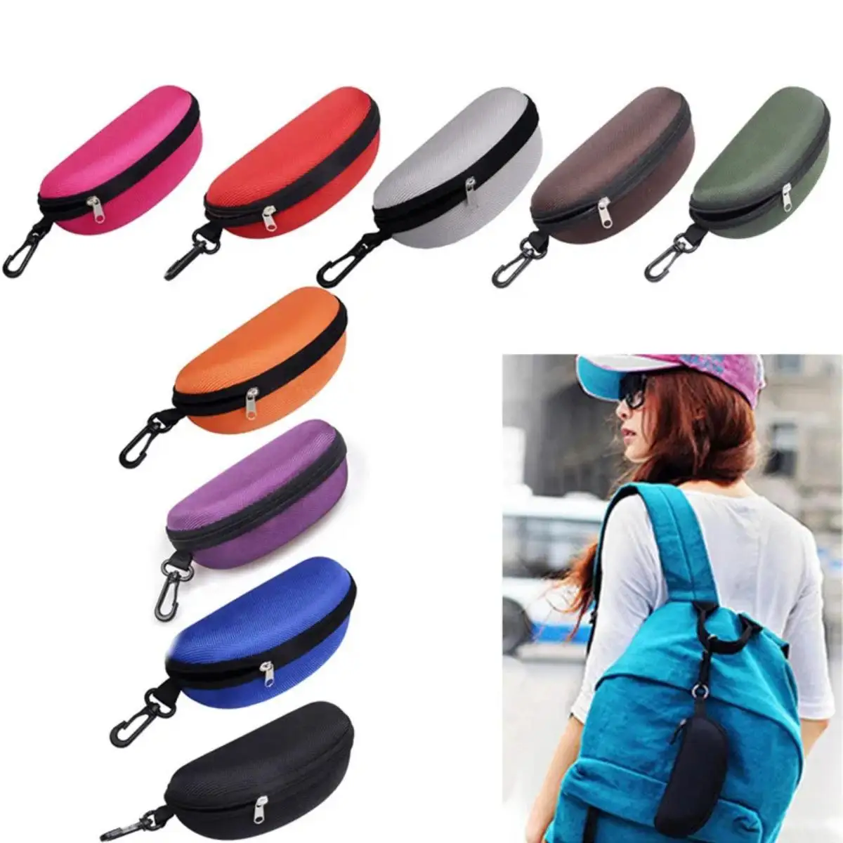 1pc Portable Sunglasses Case Protector Oxford Cloth Hard EVA Zippered Eyeglasses Case with Carabiner Unisex Eyewear Accessories