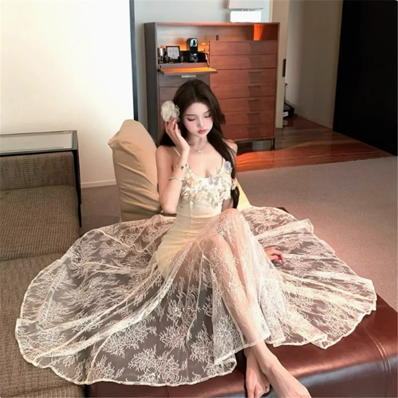

Flower Lace Mesh Patchwork Holiday Long Party Dress New Summer Women Fashion V Neck Sleeveless Seaside Beach Camis Slip Dress