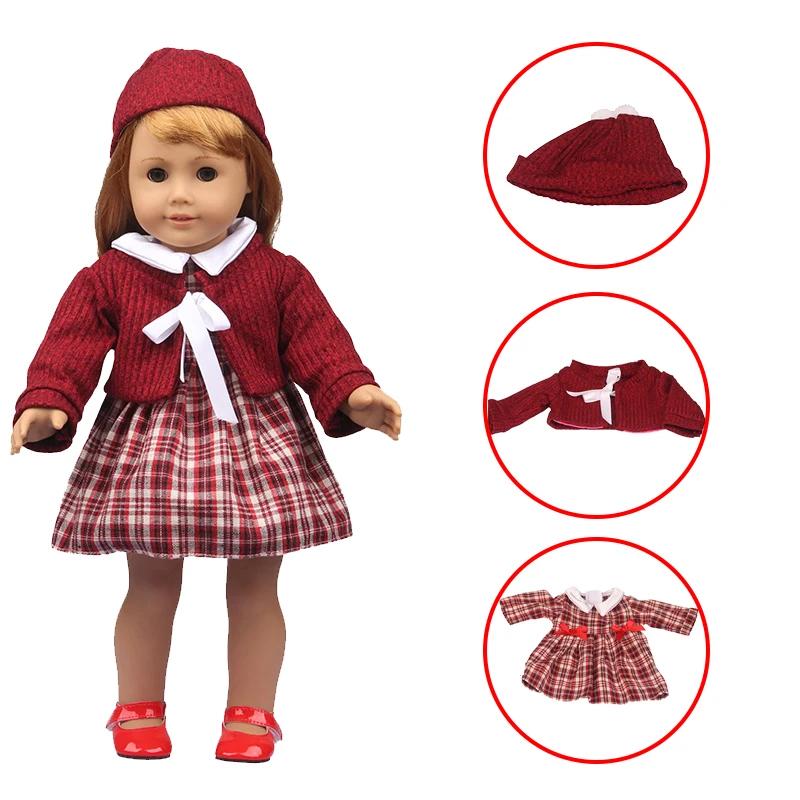 

18 inch American doll & New born Doll natural style Red coat + plaid skirt doll clothing accessories wholesale play house toy