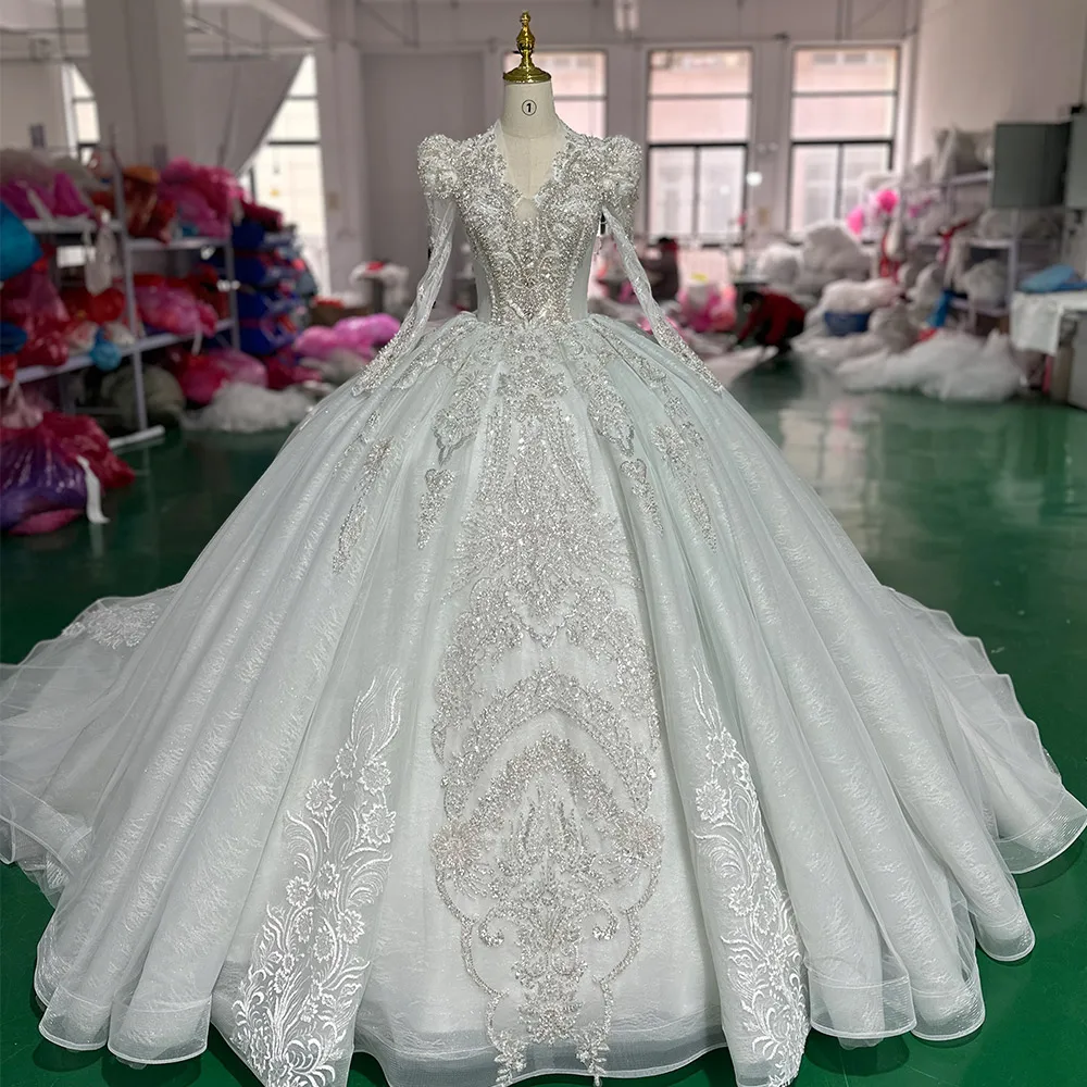 Vestidos de casamento requintados para mulheres, vestido de baile, mangas curtas, decote em v, laço, sem costas, lantejoulas, XS027