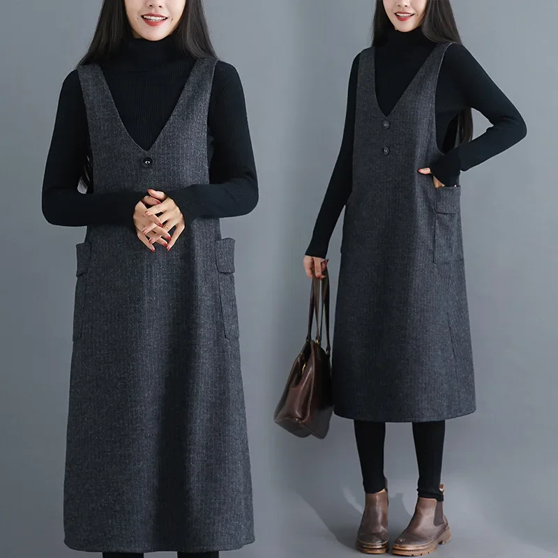 فضفاضة تناسب حجم كبير الشتاء الخامس الرقبة ميدي فستان سميكة الصوف مادة الصوف بلا أكمام الركبة طول فستان المرأة عادية #2