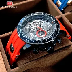 MINI FOCUS Red Sport Watch for Men Dual Time Sport Wristwatch with Silicone Strap 24-Hour Date Luminous Hands Chronograph 0290