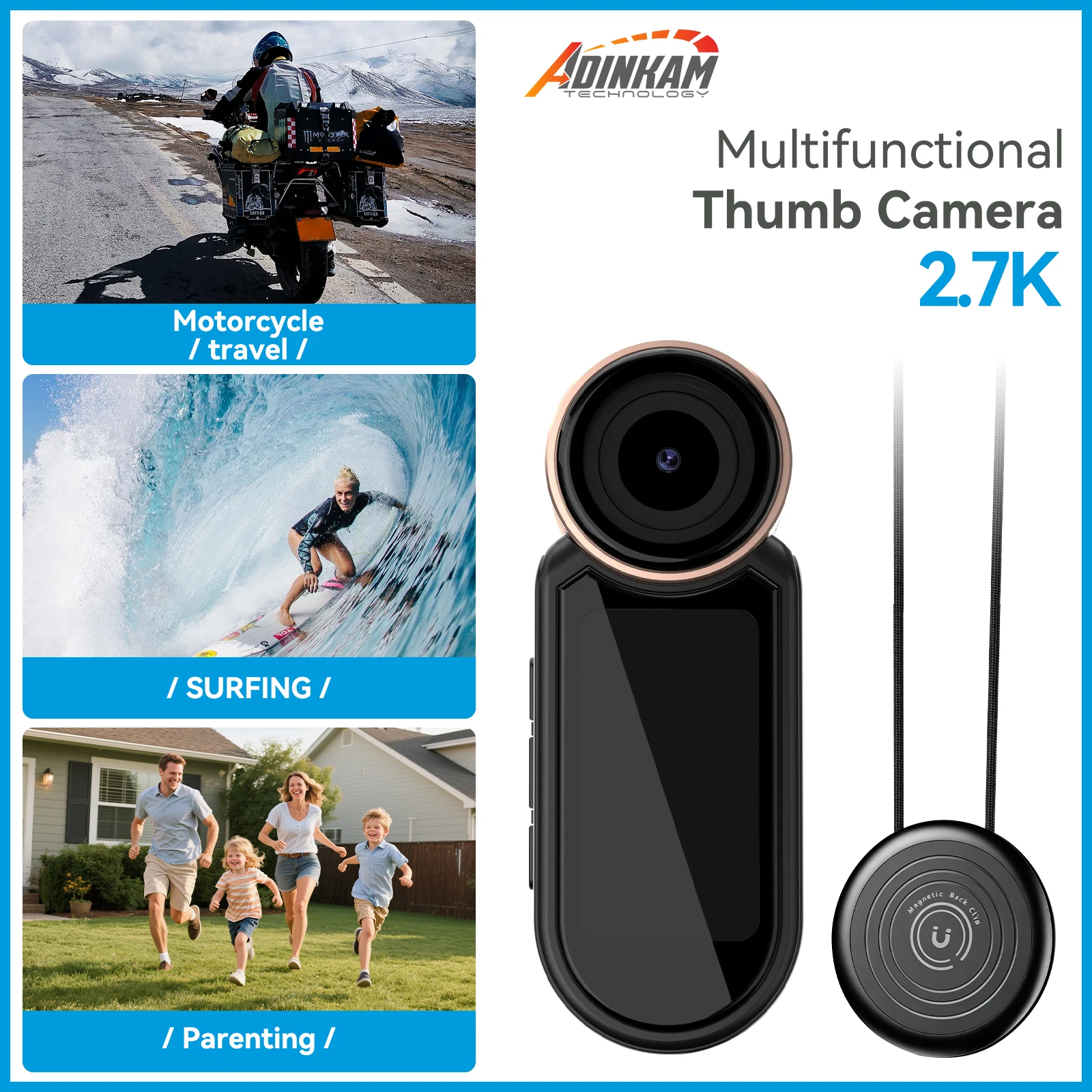 

ADINKAM 2.7K Mini HD WiFi Action Camera Strong Magnetic 1.47Inch Screen Body Motorcycle POV Wearable Thumb Video Vlog Camera