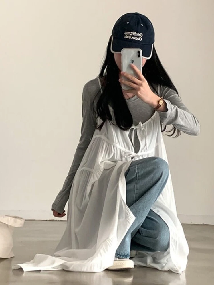 Vestido de Verão F 2024 Novo Estilo Frente e Costas com Laço Borboleta, Cinto, Crimento Midi, Alças em Camadas, Est...