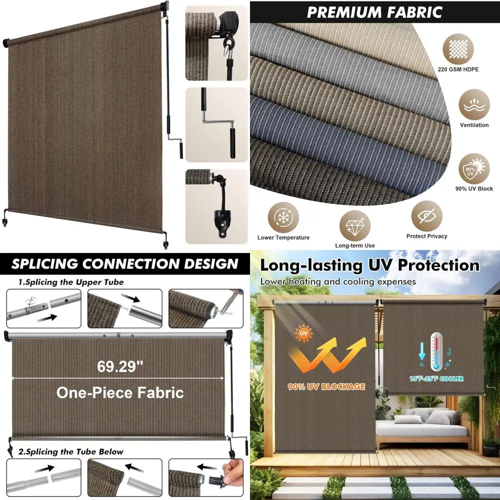Cordless Outdoor Mocha Roll-Up Blinds For Patio, 6 Feet Wide By 8 Feet High, Sp…