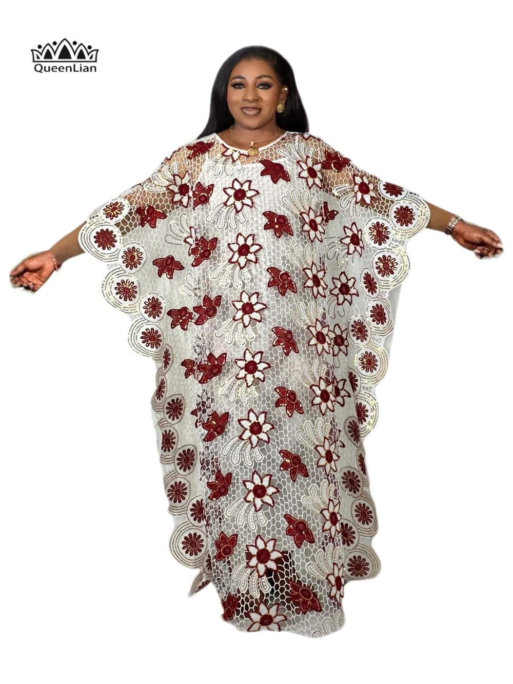 Plus Size African Women\'s Dress: Elegant Sequin Flower Pattern Dress, Bat Sleeves and Round Neck, Perfect for Wedding Parties