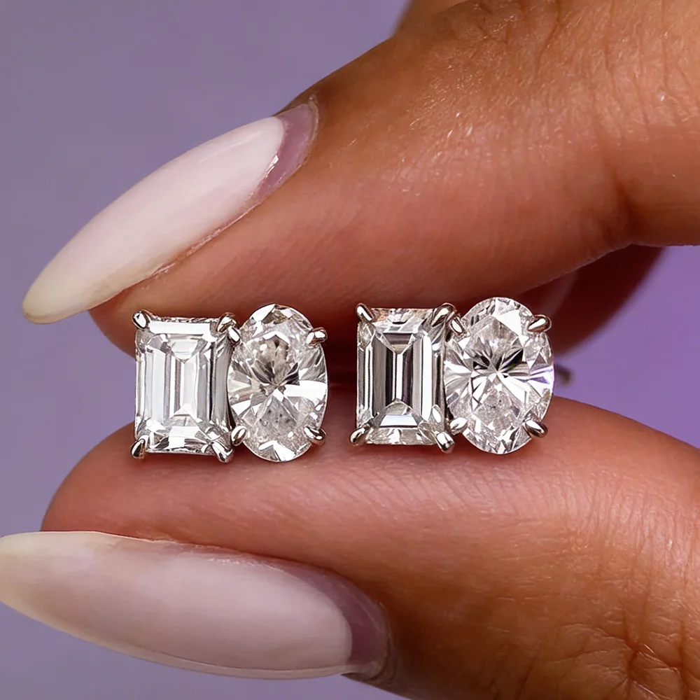 

3.6cttw Oval& Emerald Cut Moissanite Stud Earring for Women 925 Sterling Silver 2-Stone Diamond Earrings With Certificates