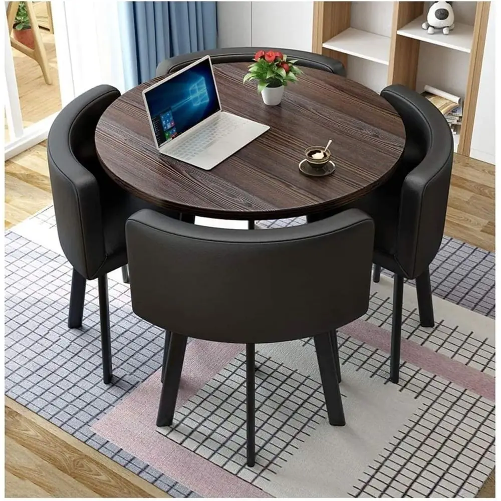 

Compact Meeting Room Coffee Table Set with 4 Black Leather Chairs for Office Business and Casual Dining