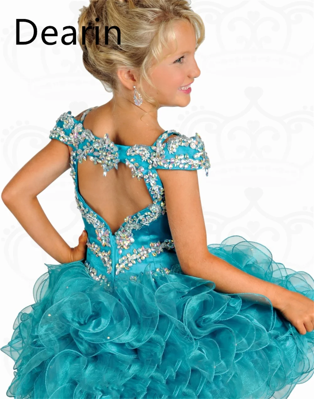 Customized Flower Girl Dress Dearin Shoulder Girdle Ball Gown Mini Length Skirts Sequin Fold Dresses