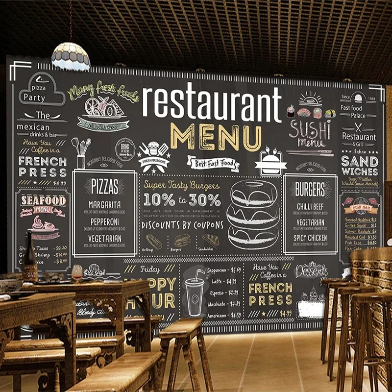 Custom 3D Wallpaper European Style Fashion Graffiti Blackboard English Letter Restaurant Cafe Bar Background Wall Decor Frescoes