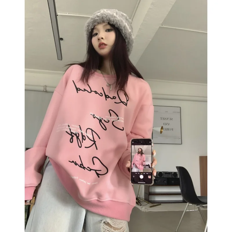 

Pink Baggy Sweatshirt Women Fleece Thicken Fashion Letter Printing Round Neck Street Wind Long Sleeves 2024 Pullover Plush Top