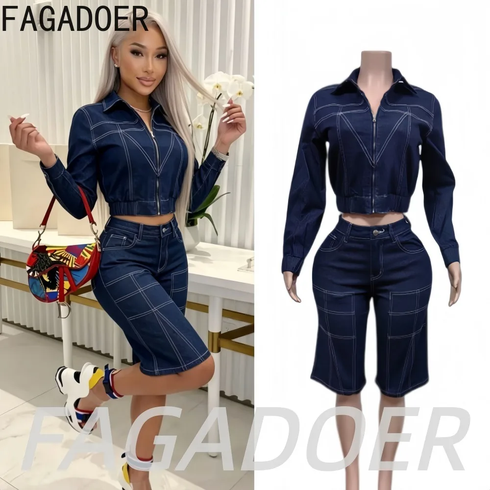 FAGADOER Retro Dark Wash Denim Shorts Two Piece Sets Fashion Patchwork Zip Crop Jean Jacket + Wide Leg Shorts Outfits Streetwear