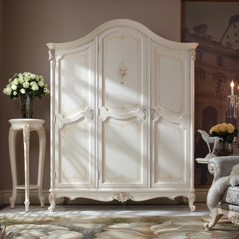 European-style all-solid wood three-door wardrobe, household quality locker, fully decorated carved storage cabinet, bedroom war