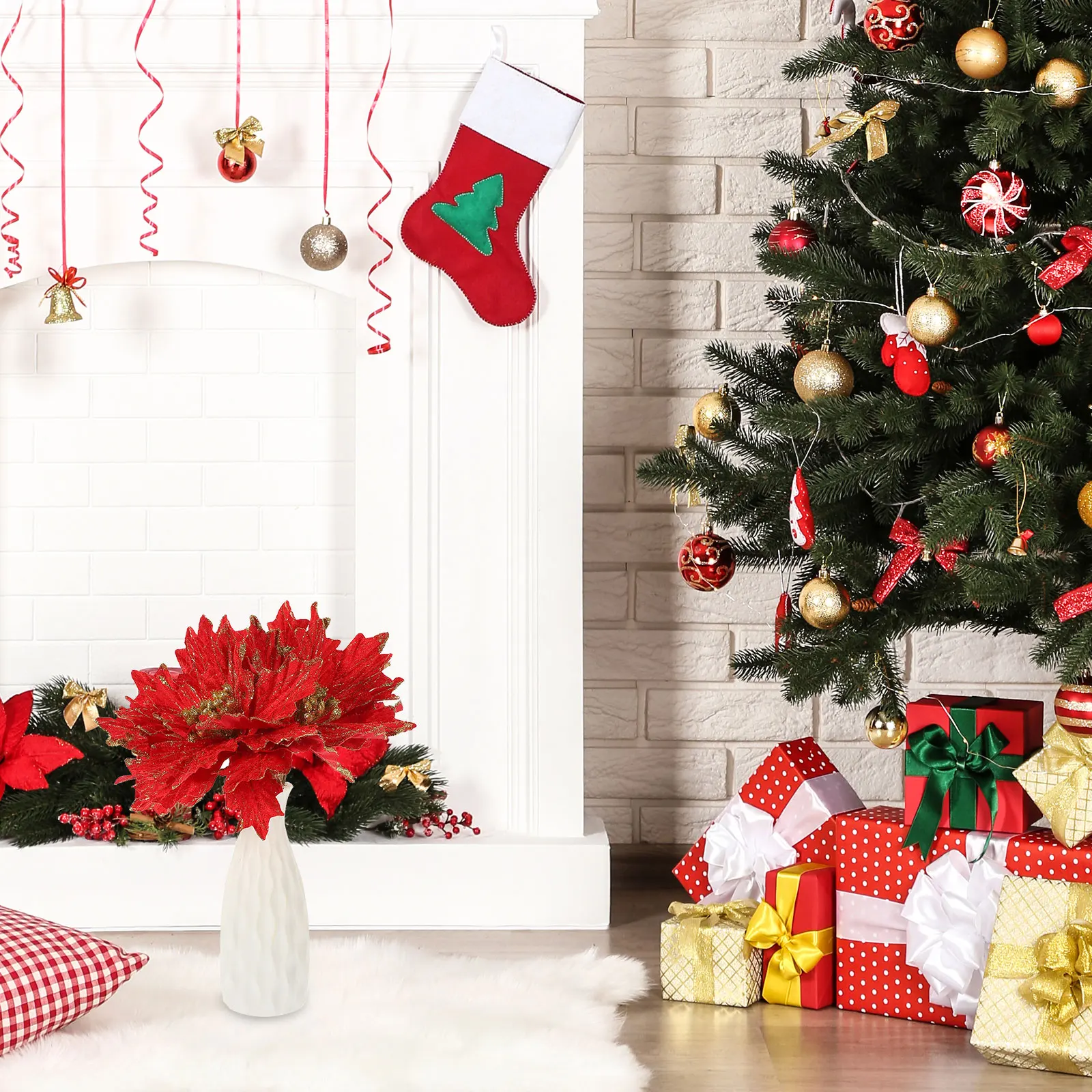 

4 Pcs Christmas Decorations Artificial Poinsettia Flowers Tree Fake Garland Lattice Individual