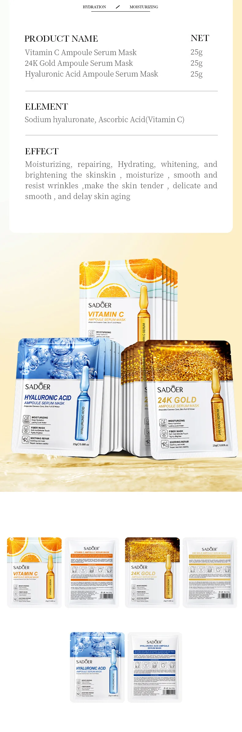 15 Stück SADOER 24K Gold Vitamin C Hyaluronsäure Gesichtsmasken für Gesicht, feuchtigkeitsspendend, straffend, feuchtigkeitsspendend, Gesichtsmaske, Gesichtspflege – Detail 10