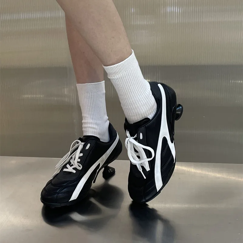 Ins style Fashion Mixed-color Patchwork Soft Leather Women High heels sneakers Autumn Winter Casual Lace-up Novelty Sporty Shoes