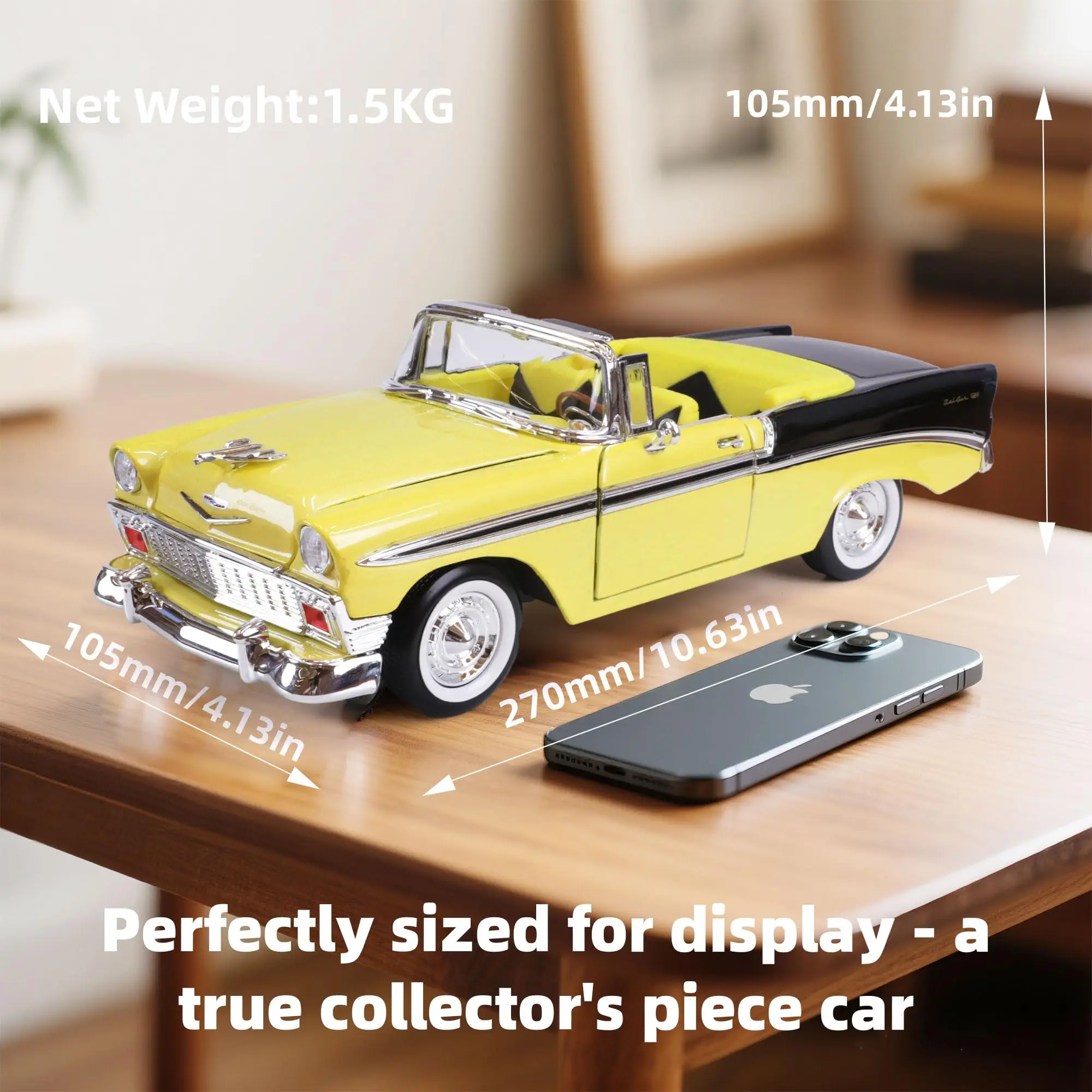 1956 Chevrolet Bel Air 1/18 Scale Die-Cast Metal Model Classic Vintage Alloy Cars with Display Case, with Opening Doors