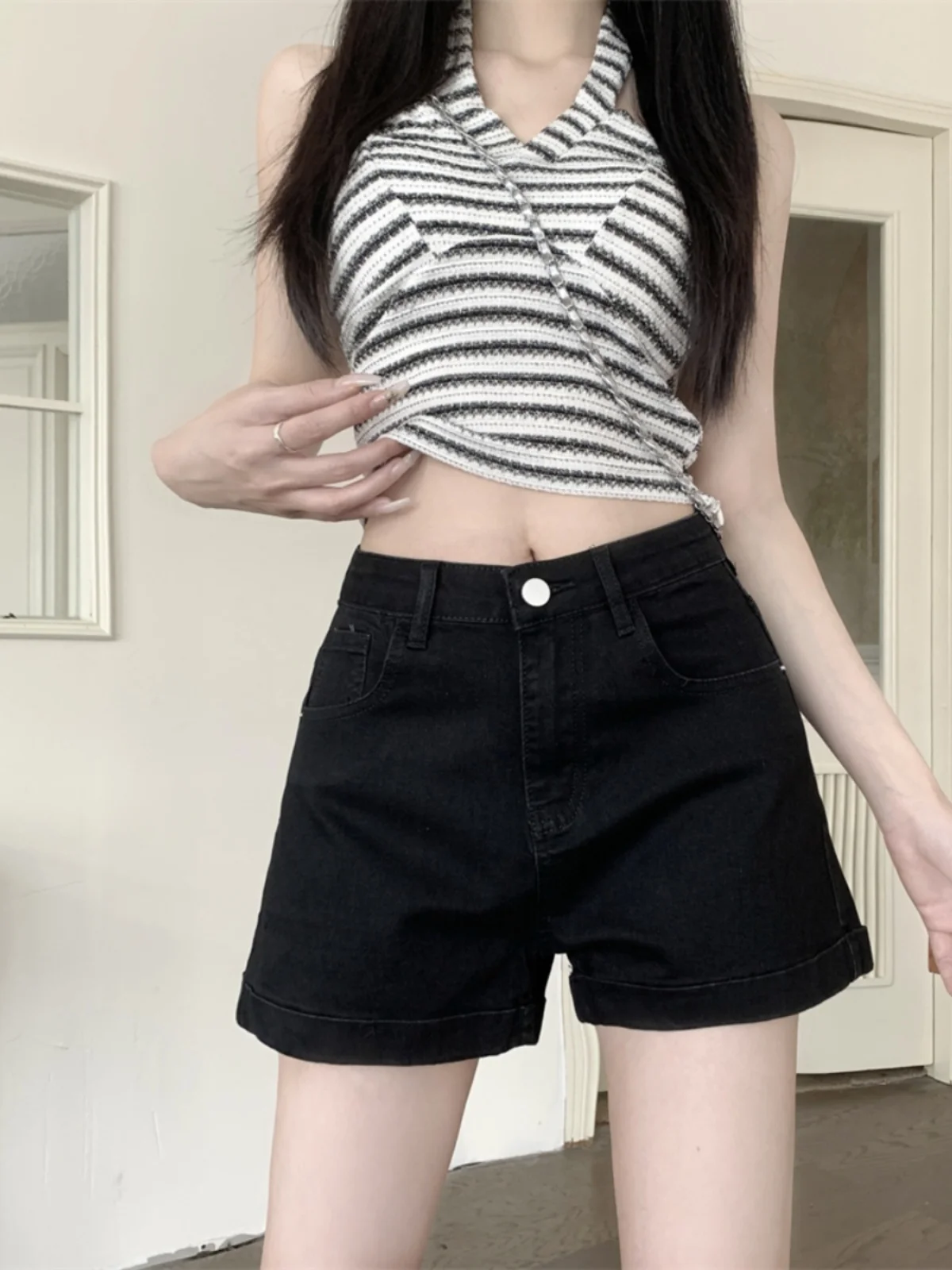 

High Waist A-Line orts Women's plus Size Summer Thin Denim orts Elastic Bla Flared Design Sensation Hot Pants