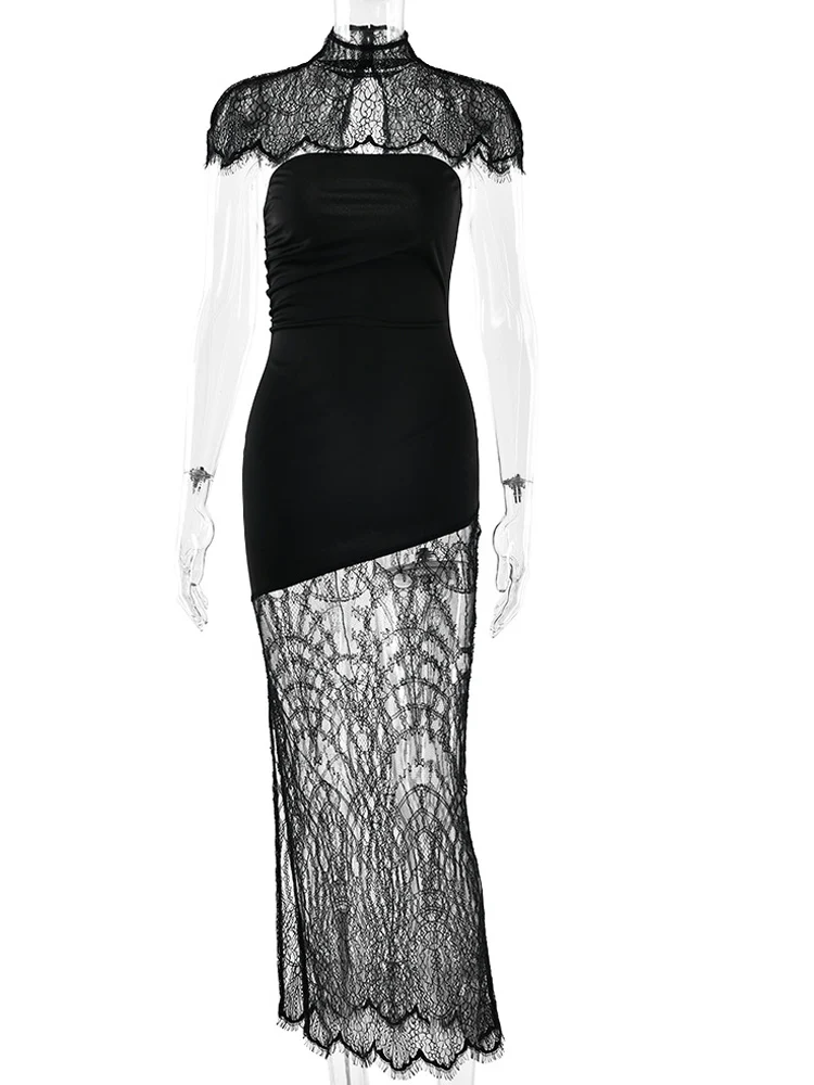 ชุดเดรสยาวสีดำซีทรูผ่าข้างประดับลูกไม้คลุมไหล่แบบโปร่งลายฉลุสไตล์บอดี้คอน