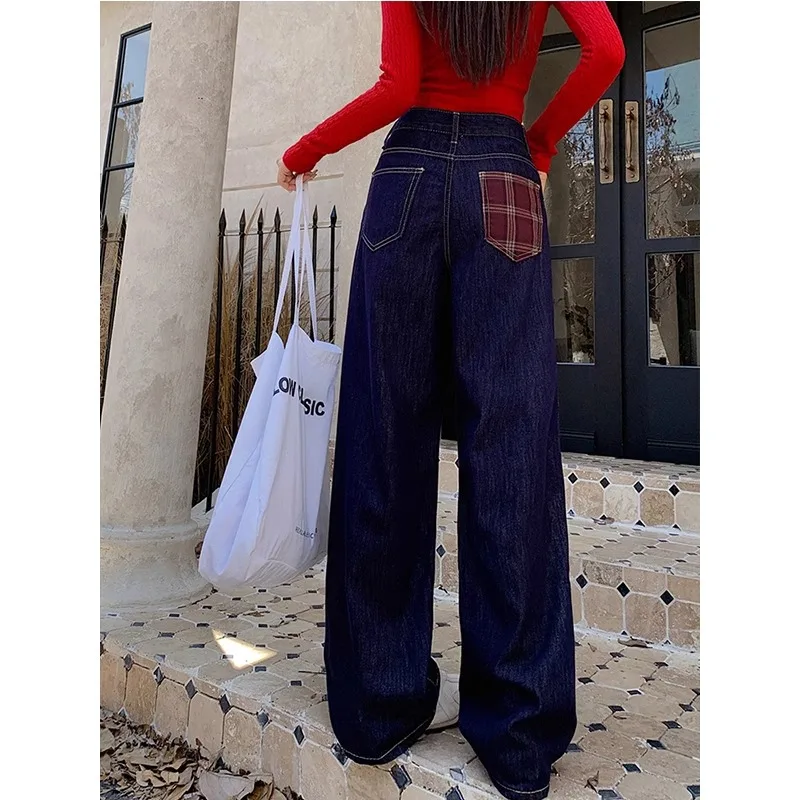 Deep blue checkered pocket wide leg jeans women's spring 2025 high waist loose fit slimming and floor length pants