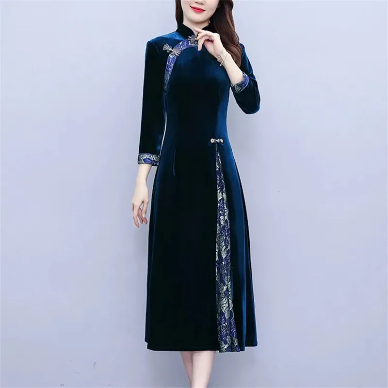 Improved Cheongsam Dress For Women Spring Autumn New Middle-aged Mother Golden Velvet Dresses High End Elegant Party Dress 5XL