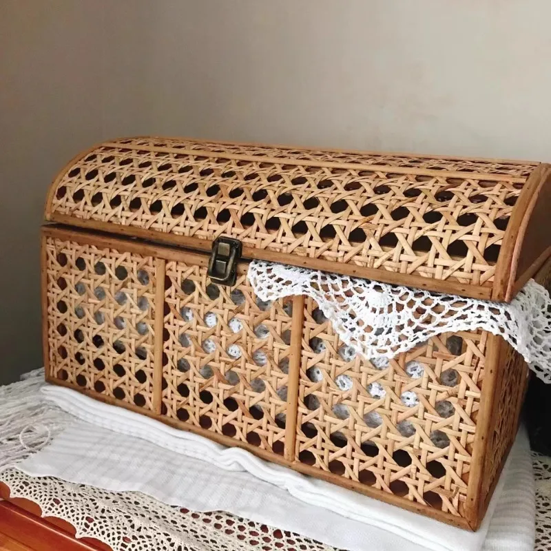 

Retro Storage Baskets Rattan Hollow Out Makeup Organizer Desktop Storage Case with Cover Snacks Clutter Organizer Baskets
