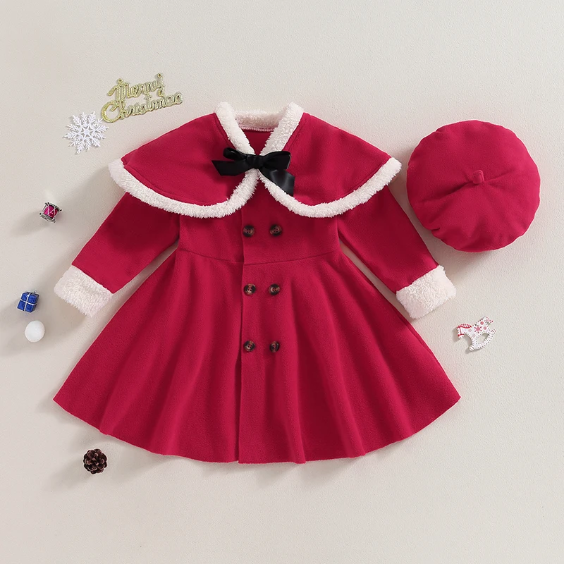 

Girls Winter Outfit Cozy Fleece Hooded Jacket with Matching Pom Pom Hat Cute Button Closure 2-Piece Set for Christmas