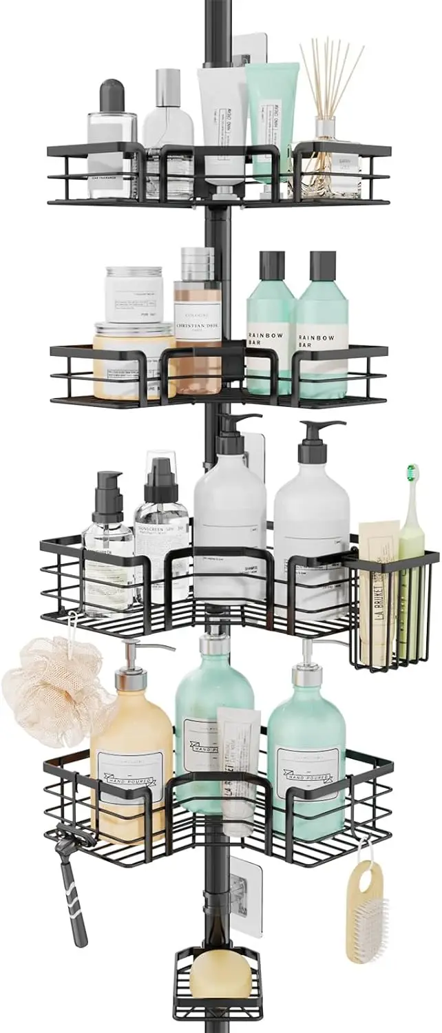 

4-Tier Corner Shower Organizer with Soap Holder,Toothbrush Holder&Hooks,Adjustable Stainless Steel Tension Rod 27.6-108.3 inch