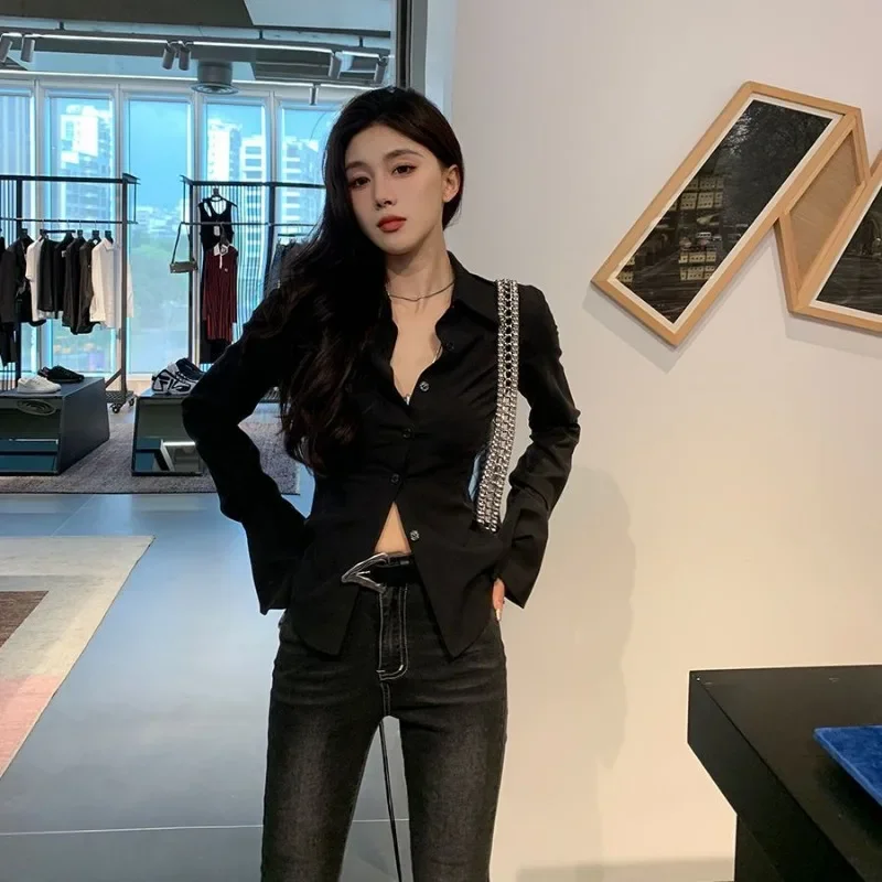 Shirts Women Autumn Sexy Hot Girl Slim High-end Designed Tops Pure Desire Solid Strappy Long Sleeve Turn Down Collar Outerwear