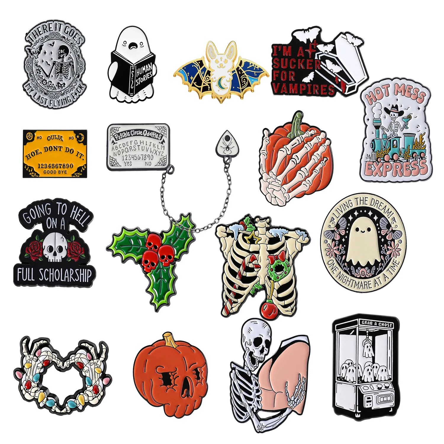 Simple Punk Black English Letter Metal Badge Accessories Creative Halloween Skeleton Pumpkin Pattern Brooch