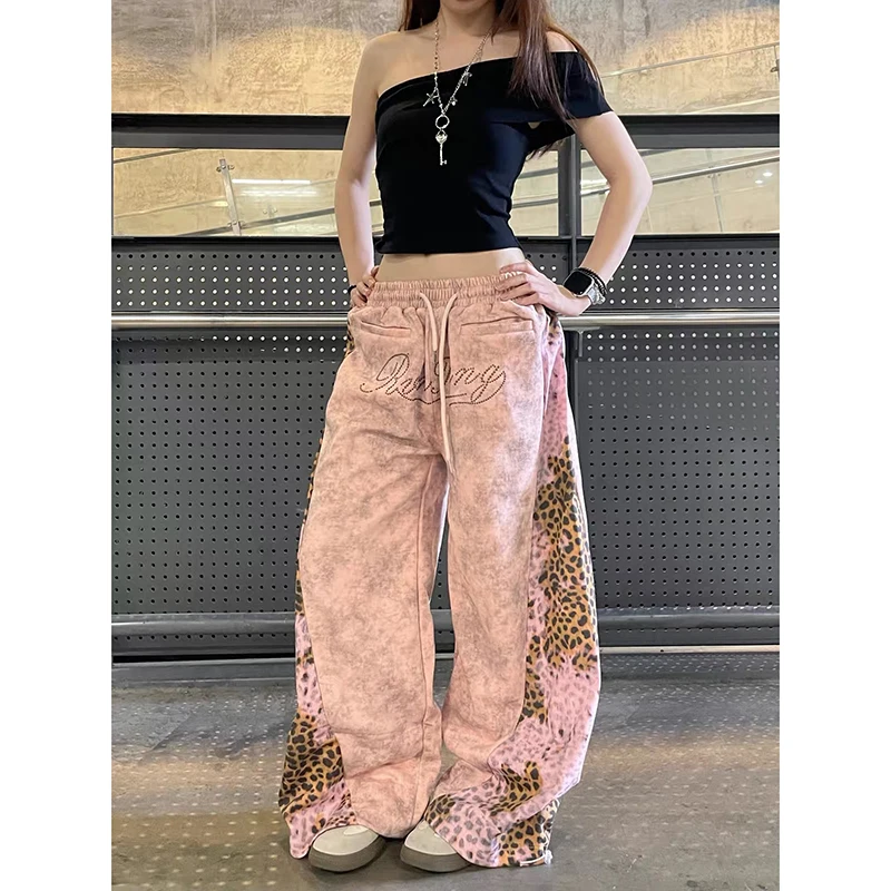 ZHIZOU Women Pink Baggy Pants Oversize Sweatpants Leopard Long Pants Harajuku Japanese 2000s Style Y2k Vintage Trousers Clothes