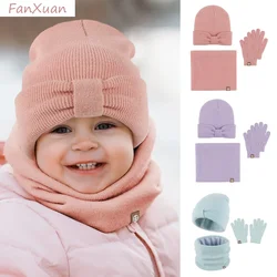 3pcs Set Baby Children Winter Hat Scarf Glove Solid Color Knit Beanies Snood Neck Warm Girls Boy Winter Cap Set 1-5Years