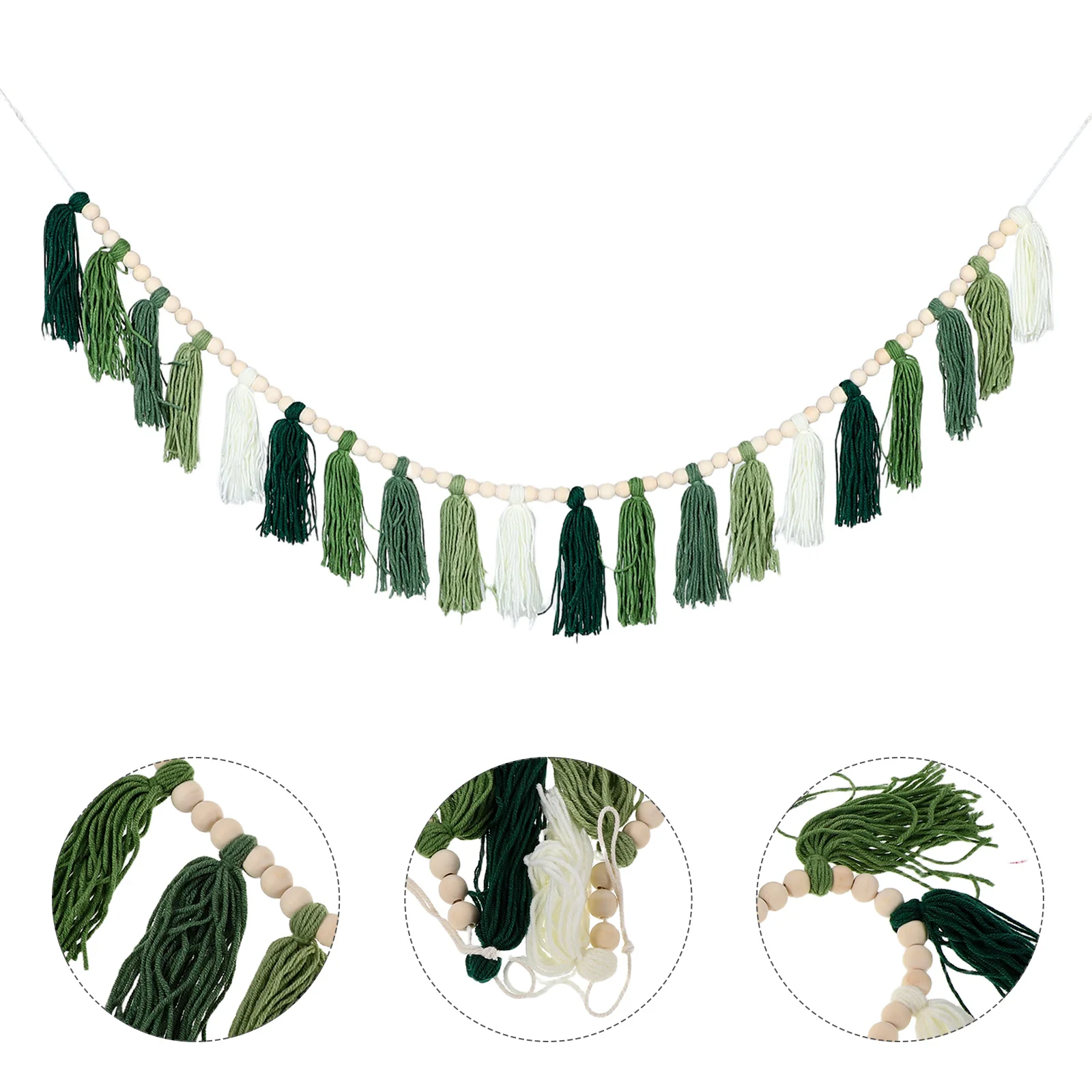 

Wood Bead Garland Rustic Tassels Boho Yarn Fringe Banner Nursery Wall Decor Classroom Hanging Decoration Birthday Party