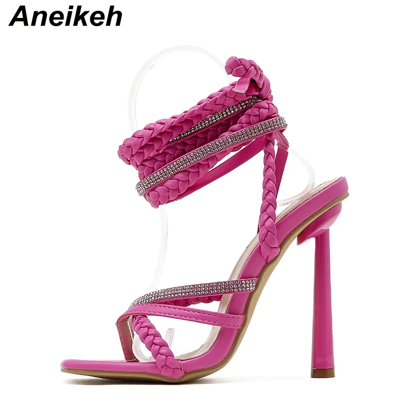 Aneikeh 2025 Summer Pinch toe woven fabric PU Women Sandals Thin High Heels Fashion Cross-Tied Square Head Party wedding Shoes