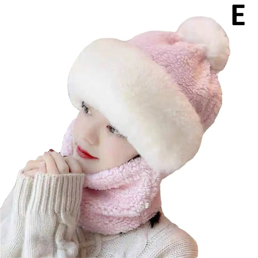 Gorro tejido para invierno, bufanda, máscara, gorros con pompón de felpa de una pieza para mujer, forro polar, gorro cálido, protección para el cuello y las orejas, esquí B2E3