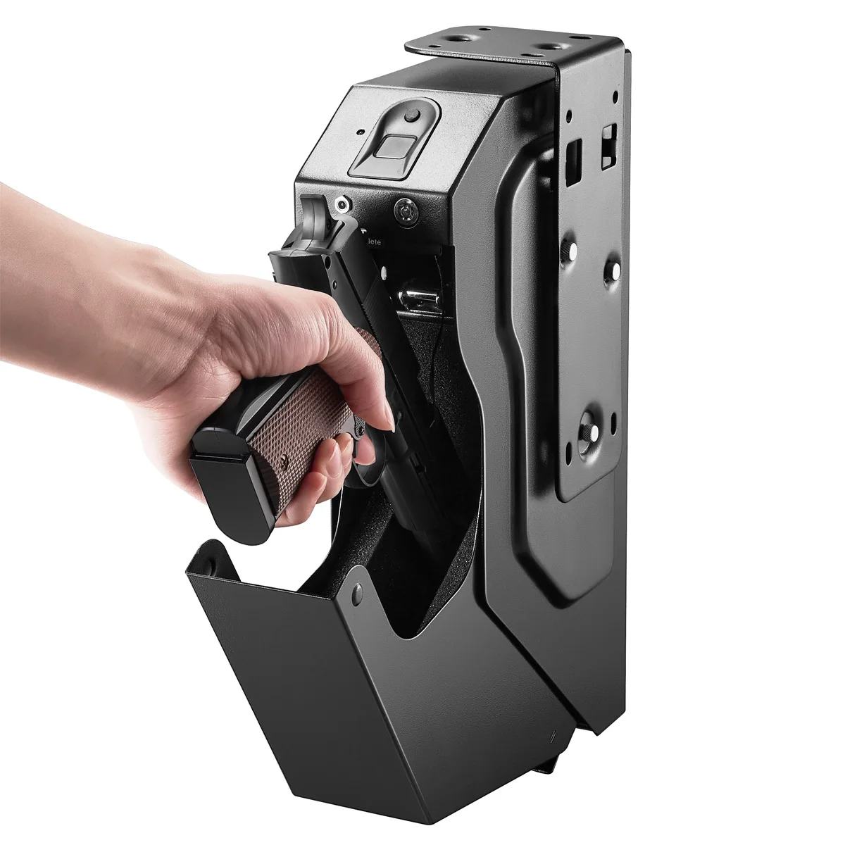 Imagem -01 - Fingerprint Gun Safe With Keypad Lock And Key Lock Biometric Pistol Safe Quick Access Drop Down Single Mount fingerprint gun safe with keypad lock and key lock biometric pistol safe quick access drop down single mount 01