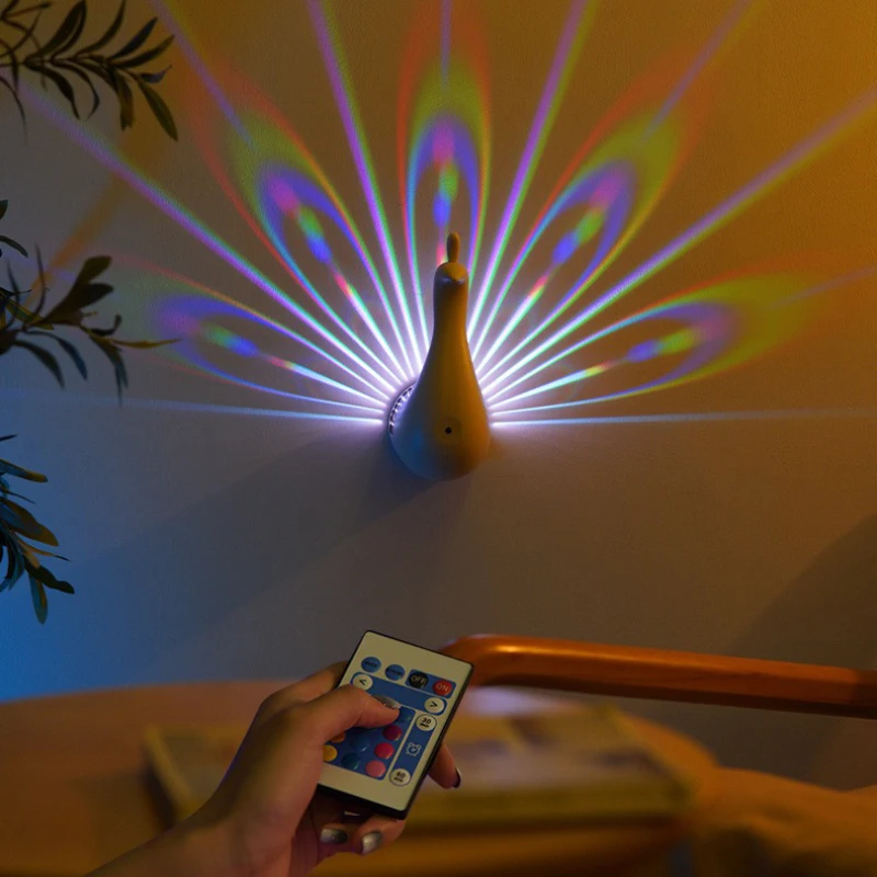 Animal Peacock Projection Wall Lamp, Remote Control USB charging Night Light and Shadow, 7 Colors Home Decor Birthday Gift Light