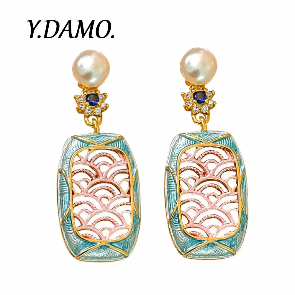 

Damo Retro Chinese Style Earrings Gold Blue Pink Color Freshwater Pearl Earrings For Women Elegant Design Luxury Jewelry Gift