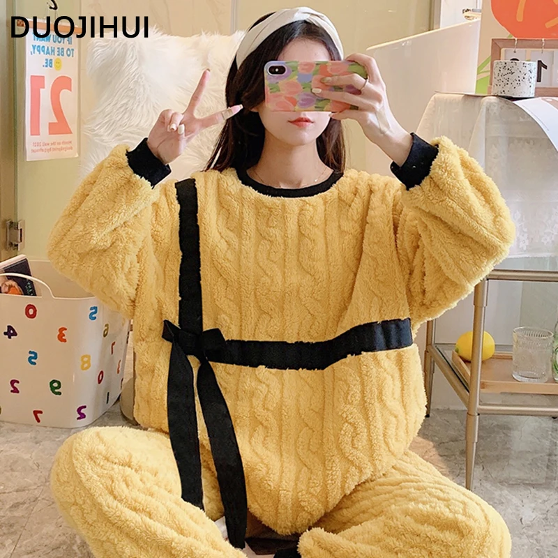 DUOJIHUI-pijama holgado de invierno para mujer, conjunto de 3 colores, suave, grueso, cálido, con lazo de Color de contraste, informal, Simple