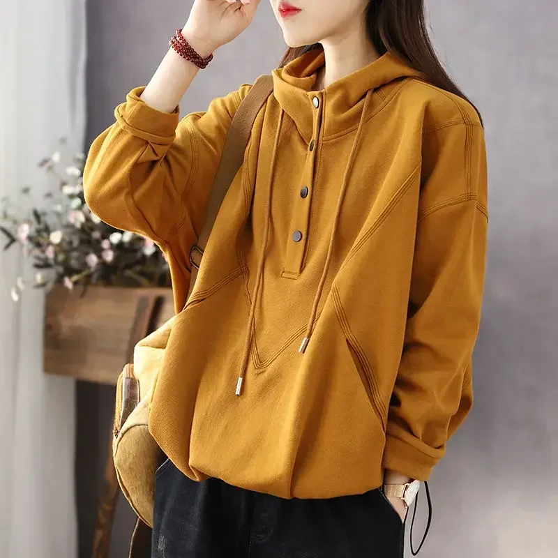 Black Sport Hooded Female Clothes Button Pullovers Baggy Tops Hoodies Yellow Sweatshirts for Women White Loose Trend Cotton M E