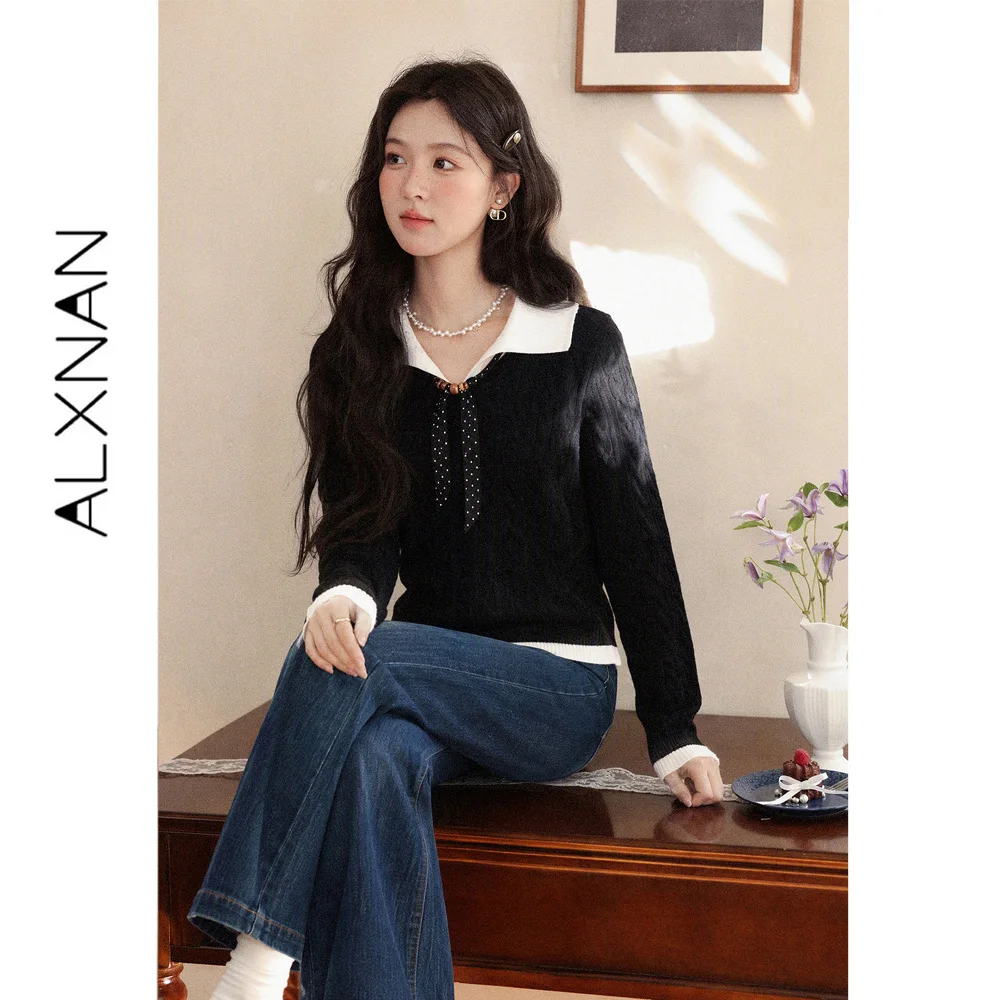 ALXNAN Fake Two Piece Black Sweater Women Turn Down Collar Color Block Hem Wooden Bead Decoration Long Sleeve Pullover L67971A