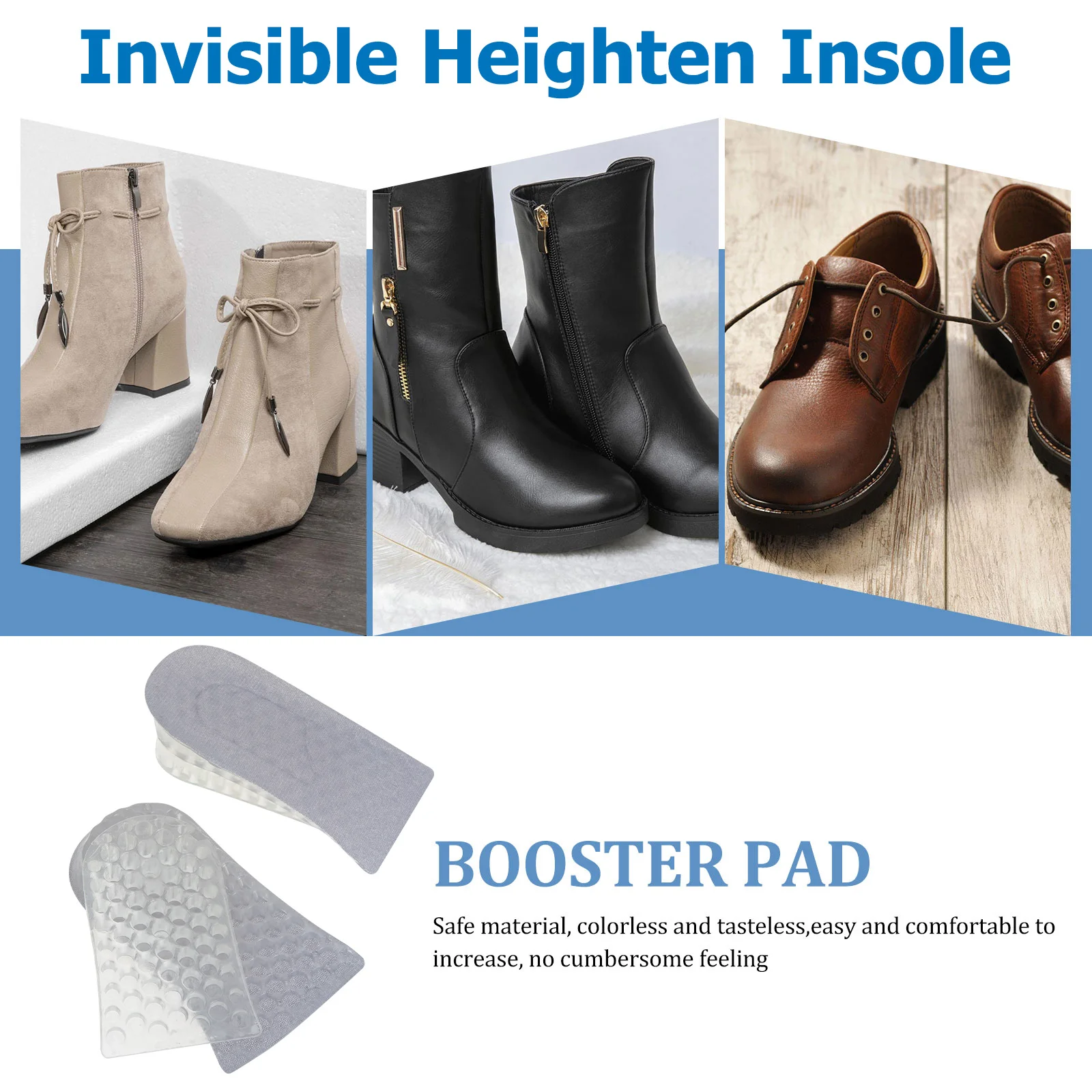 

2Pairs Height Increase Insoles Invisible Heel Lift Silicone Shock-Absorbing Comfortable Shoe Cushions for Daily Use Parties