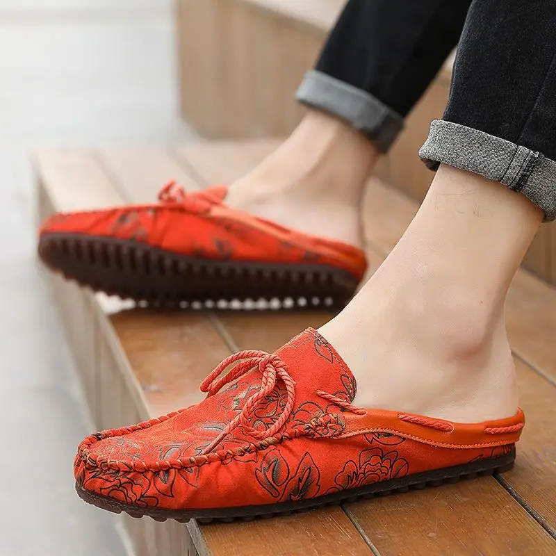 2026 Men's Breathable Mesh Driving Moccasins Soft Cowhide Half Slippers Backless Slip on Loafers Lightweight Casual Shoes