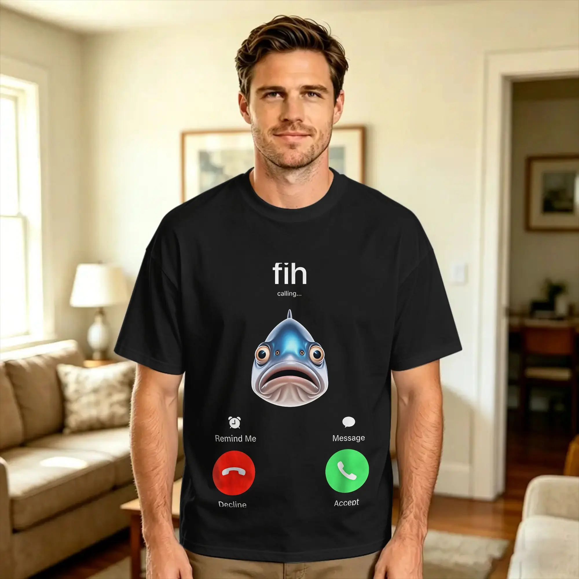 Streetwear T Shirt fih Calling Remind me Message Decline Accept Phone Call Fish Pure Cotton T Shirts  Fashion Tshirt