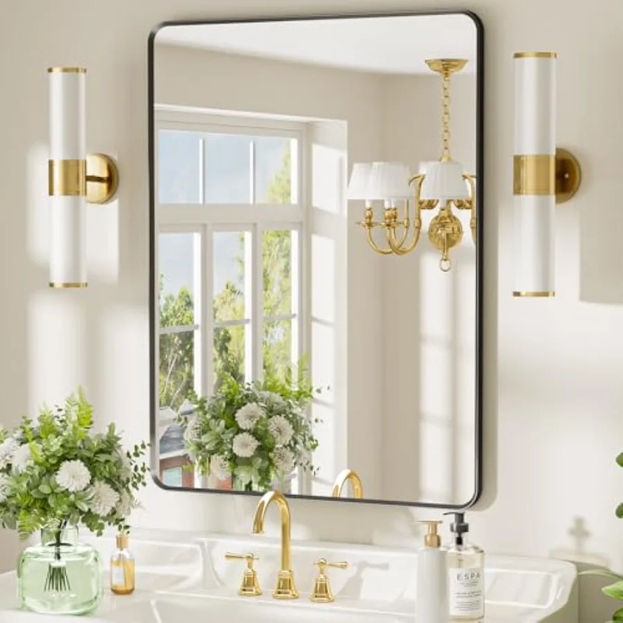 

24x36 inch Bathroom Mirror Metal Framed Rounded Rectangle Wall Mount Vanity Mirror HD Tempered Glass Aluminum Frame Horizontal