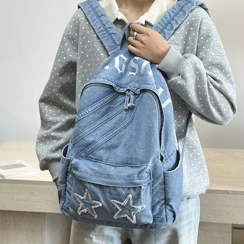 Korean Vintage Washed Denim Backpack Fringe Star Patches Y2K Streetwear Jeans School Travel Rucksack for Women