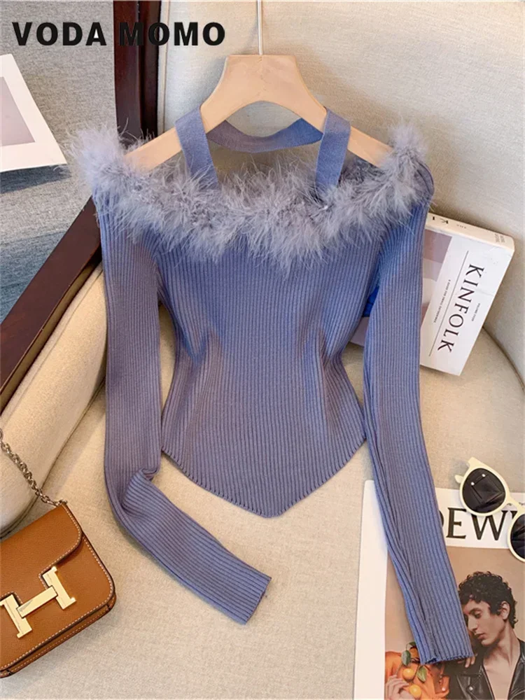 2023 Spring Autumn Casual Jumper Tide Fur Slash Neck Off Shoulder Knitted Sweater Women Sexy Stretch Body Knit Basic Pullover