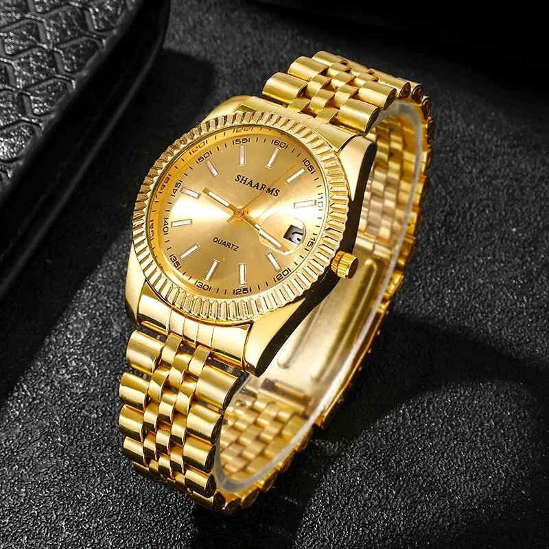 Mens Gold Watches Calendar With Stainless Steel Band Fashion Business Quartz Watch Relogio Masculino Wristwatch For Men Gift