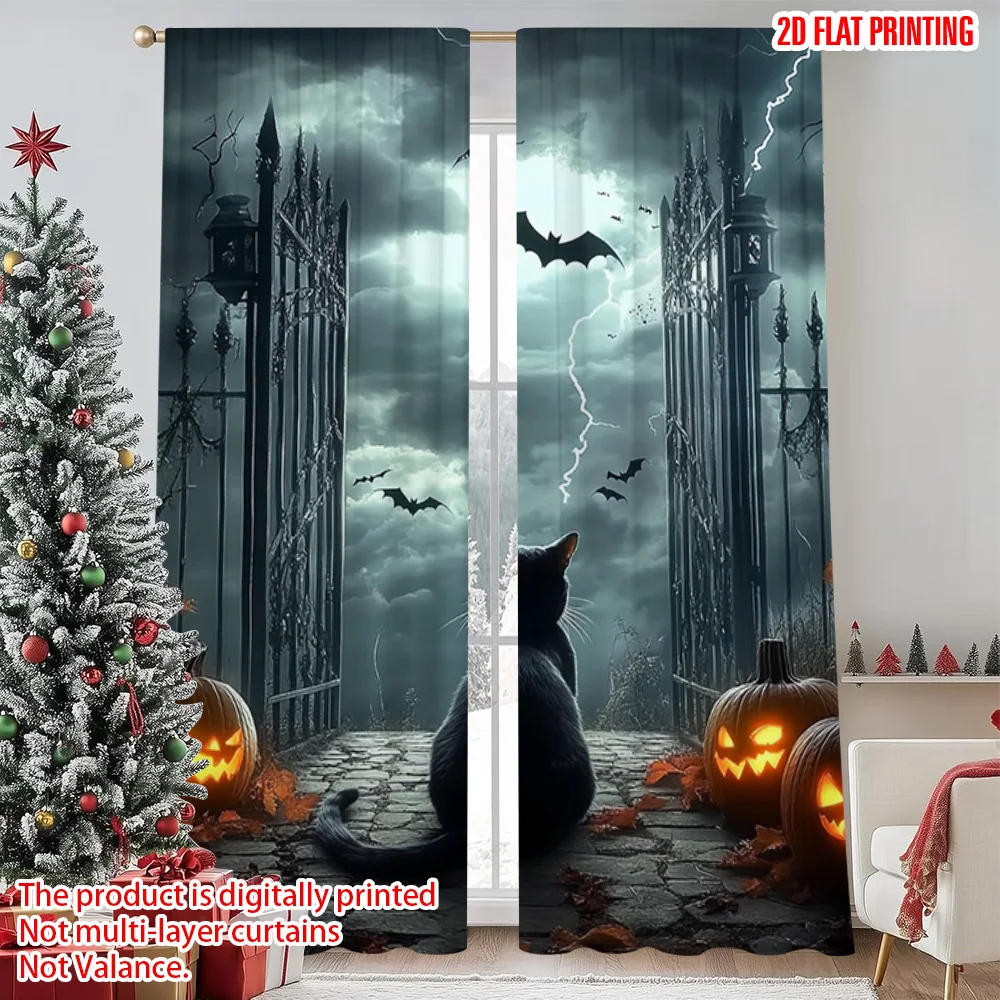 

2pcs 2D flat printing Merry Christmas Drapes Black cats_ bats Versatile 100% Polyester Without Electricity Festive Holiday Use