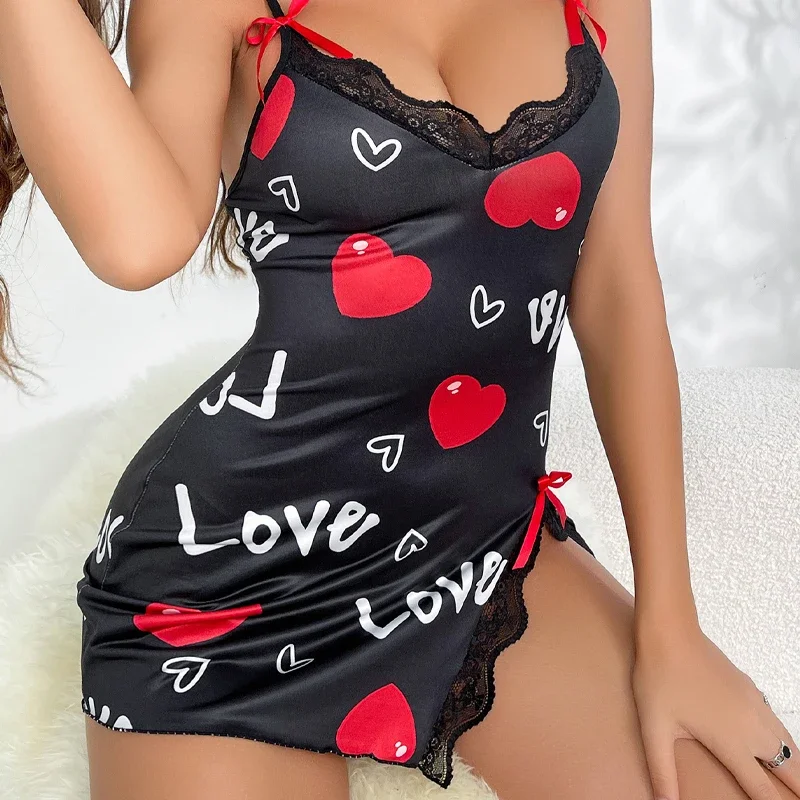 Sexy Heart & Letter Floral Slip Nightdress, Lace Trim Deep V Side Split Sleep Dress, Women\'s Sleepwear & Dresses